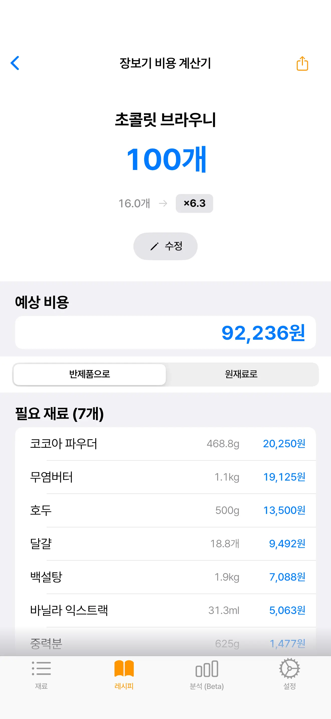 키친코스트 앱의 장보기 비용 계산 화면. 초콜릿 브라우니 100개의 예상 비용 92,236원이 보인다.
